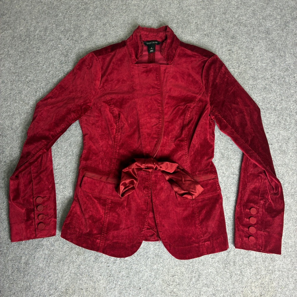 White House Black Market Red Velvet Blazer Stand Collar Satin Bow Jacket Size 2